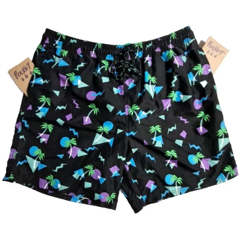 No Boundaries Men's Multicolor Hawaii Palm Mesh Lined Swim Trunks Size L (36/38)